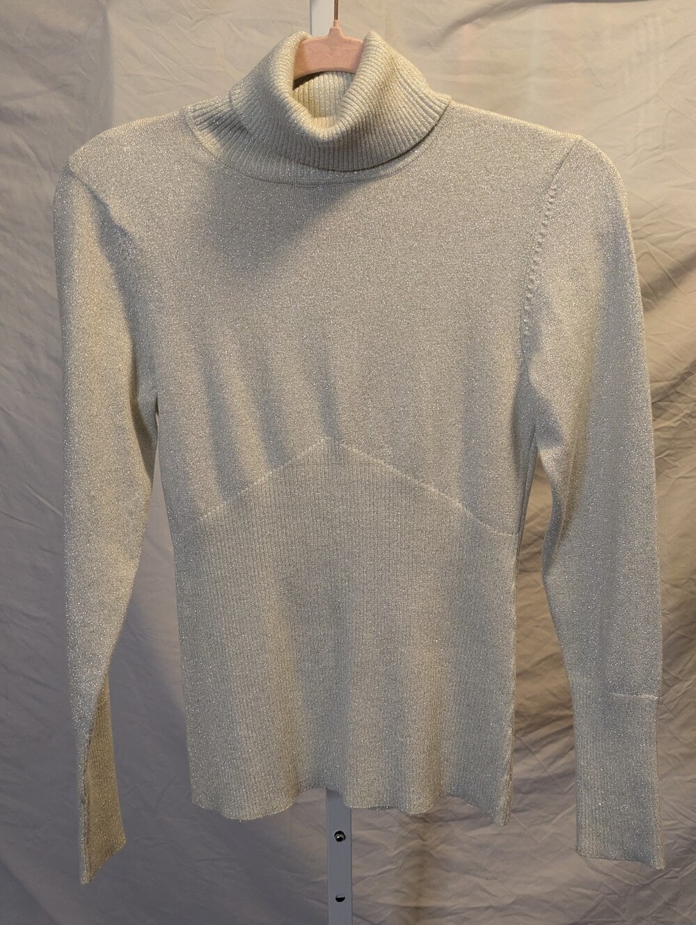 Boutique Essentials Metallic Shimmer Ribbed Turtleneck Sweater Cream Silver S